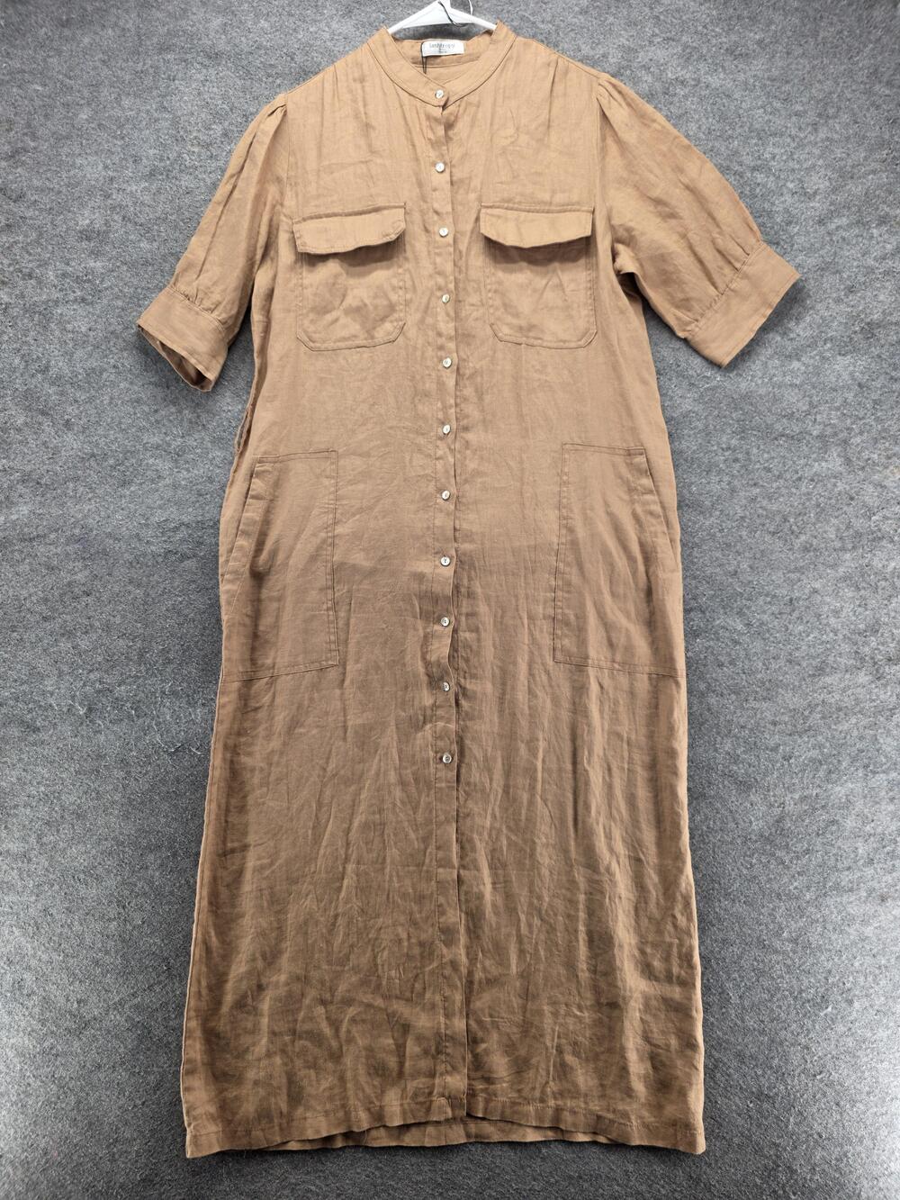 Lanhtropy Dress Womens M Beige Shirt Dress Long Linen Collared Pockets